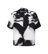 Black printed silk bowling shirt