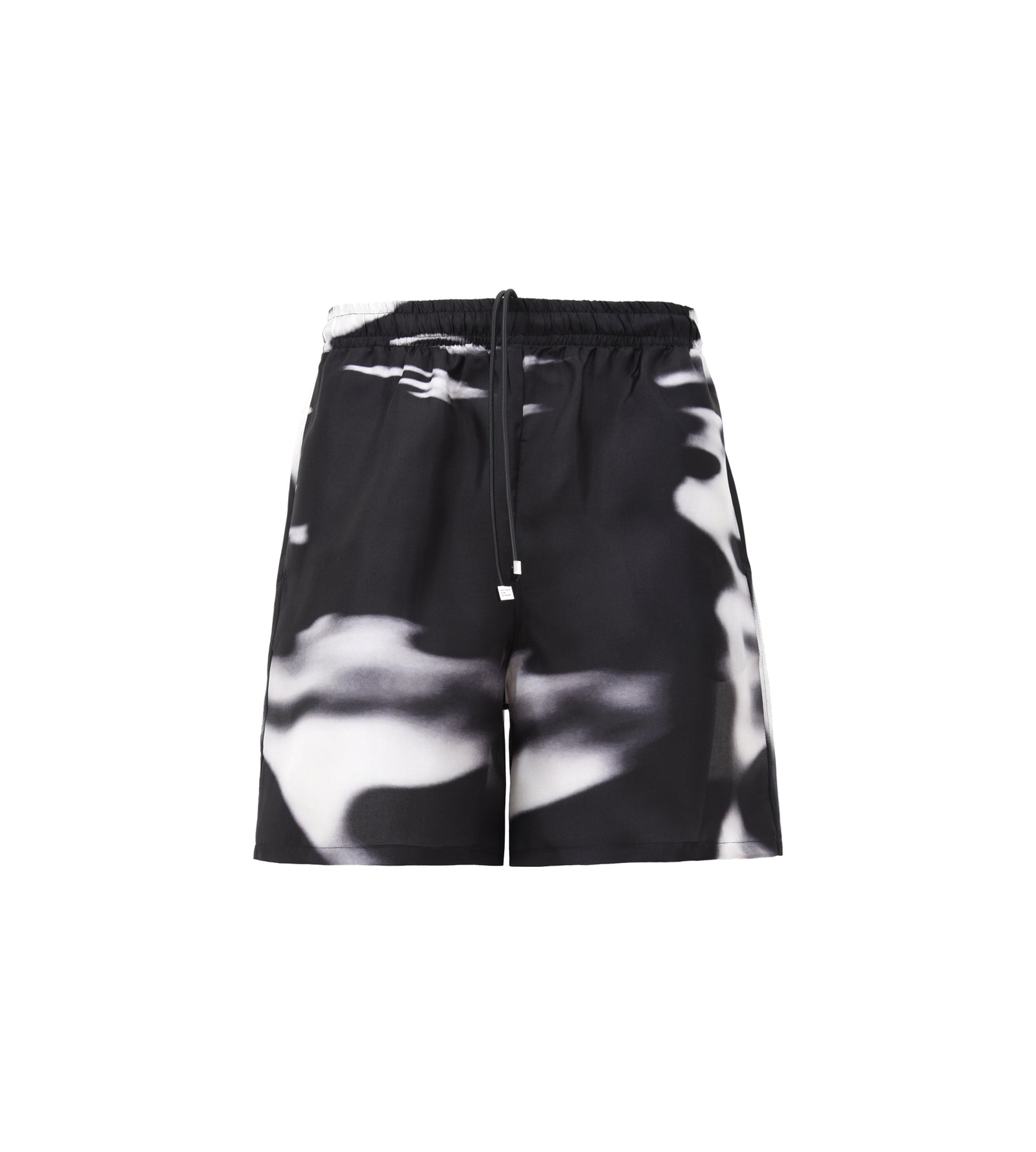 SHELTECH × R.KAMIYAMA BLACK PRINT SHORTS Black printed silk shorts – NOT SAFE FOR HUMANS